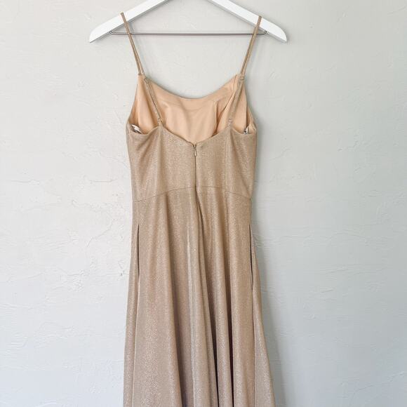 Jules and Cleo Gold Spaghetti Strap Glitter Shine Gown with Slit - Picture 5 of 7